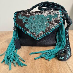 Teal and Black Genuine Leather Women's Bag